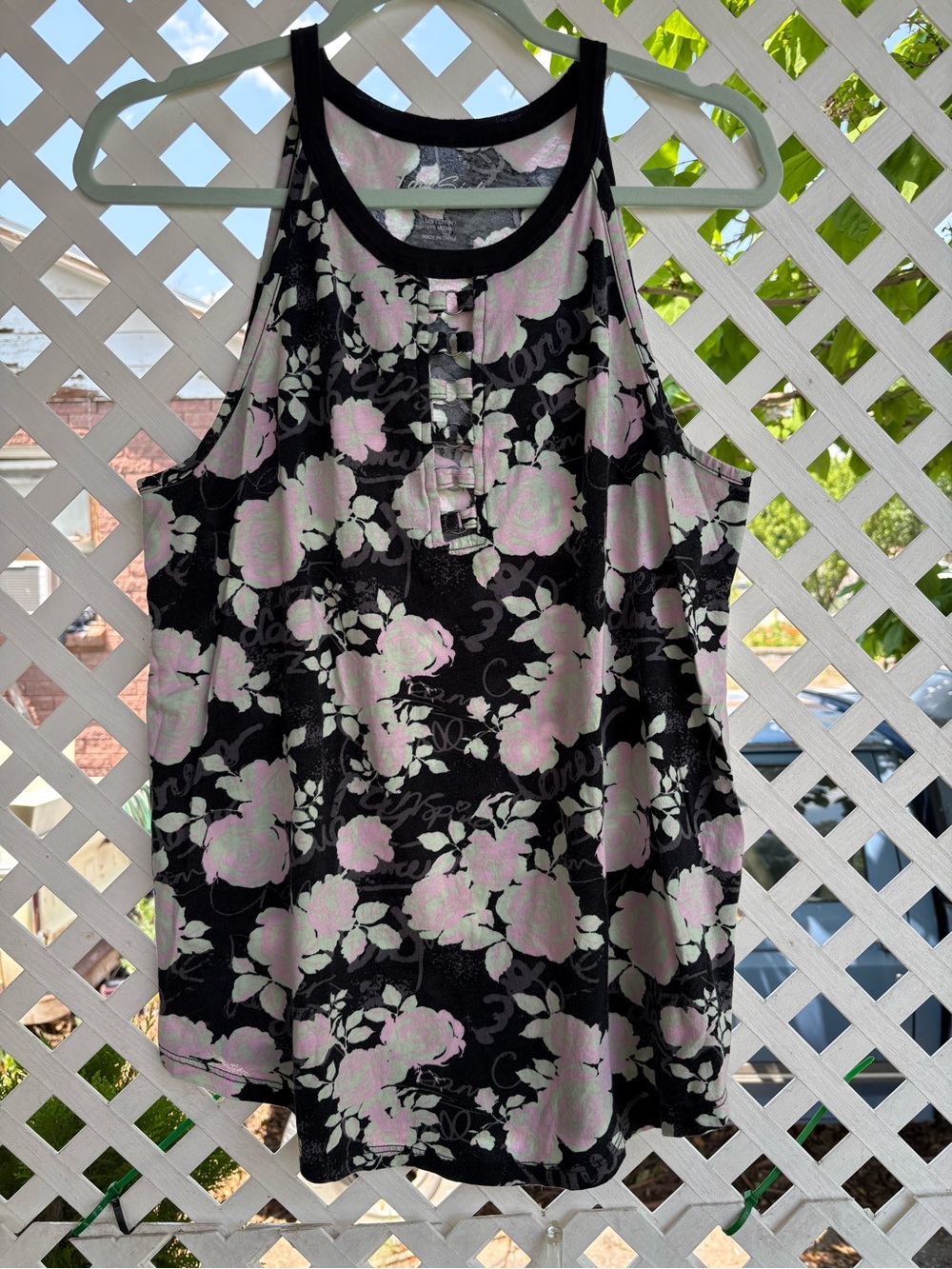 Lovesick Black Tank Top with Pale Pink Floral Print